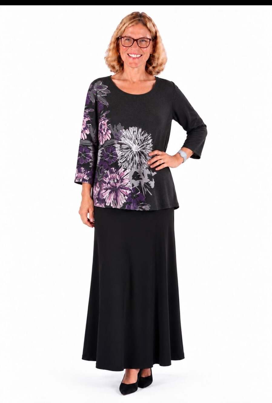 WEEKENDS BY CHICO'S Black Floral Print 3/4 Sleeve Scoop Neck Top